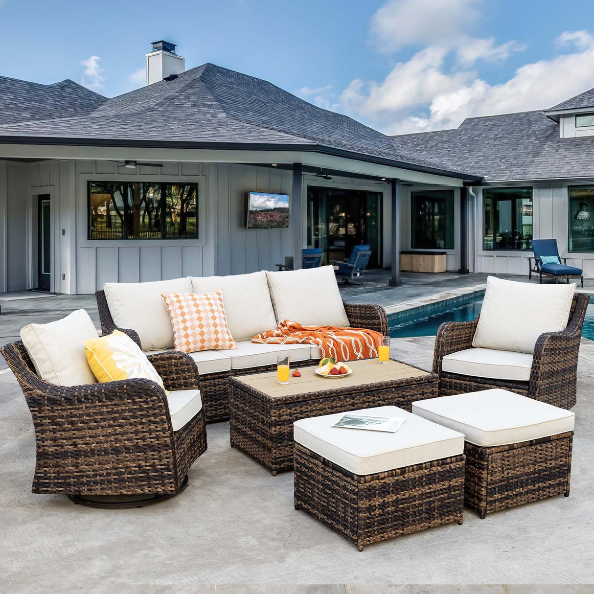 MEISSALIVVE 6 Pieces Outdoor Patio Furniture Set, Wicker Patio Conversation Set, Patio Sectional Furniture Set with 2 Swivel Rocker Patio Chair and Sofa, 2 Ottomans and Coffee Table (Brown) MEISSALIVVE