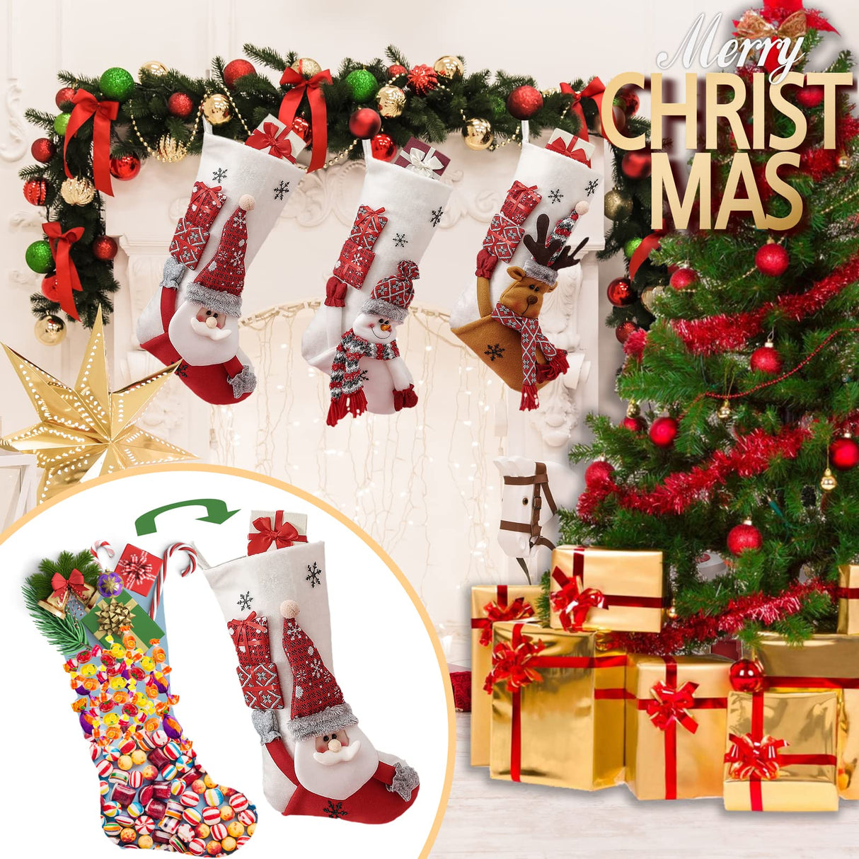 19-Inch Large Velvet Christmas Stockings Pack of 3, Santa, Snowman & Reindeer Fireplace Hanging Stockings, Plush Velvet Christmas Stockings, Plush Christmas Stocking with 3D Figurines & Snowflake masteymoh