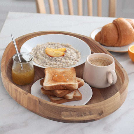 Acacia Wood Serving Tray with Handles - 17"x13" Round, Decorative Ottoman Tray for Living Room, Coffee Table, Breakfast in Bed, Candle Display KITEISCAT
