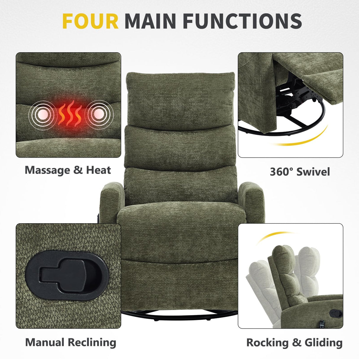 Trustyue Swivel Rocker Recliner Chair, 360° Swivel Recliner with Heat and Massage,Chenille Rocker Recliner Nursery Glider Recliner Chair with Side Pockets for Living Room Green Trustyue