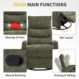 Trustyue Swivel Rocker Recliner Chair, 360° Swivel Recliner with Heat and Massage,Chenille Rocker Recliner Nursery Glider Recliner Chair with Side Pockets for Living Room Green Trustyue