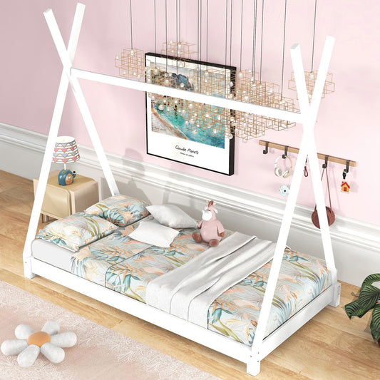 Bellemave Twin Montessori Floor Bed Frame - Sturdy White Bed with Triangle Structure for Kids - WoodArtSupply