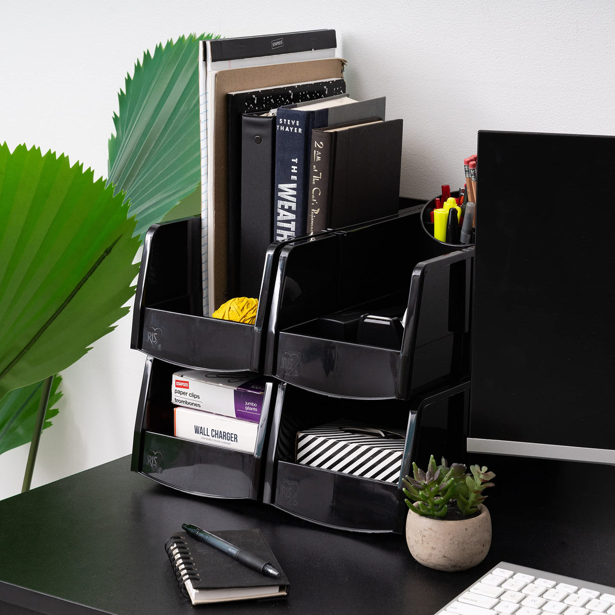 IRIS USA Plastic Shelf Bins Stackable Open Front Storage Bins Plastic Hanging Organizer Bin Caddy Basket for Hardware Crafts, Small Parts, Nuts and Bolts, Tool Storage - Large Black 8 Pack IRIS