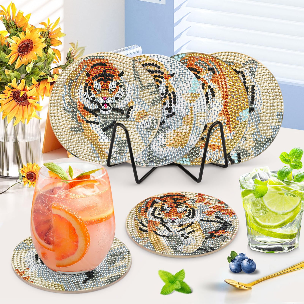 GHHKUD 6pcs Tiger Diamond Painting Coasters, DIY Life Coasters Animals Diamond Art Kits for Adults Kids, Full Drill 5D with Holder Cork Pad for Home GHHKUD