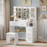 Makeup Vanity with Lights & Charging Station, White Vanity Table with 5 Drawers & Open Storage Shelves, Vanity Desk with Mirror & Lights, Dressing Table Set for Women Girls, Bedroom Makeup Table Set TOKSOM