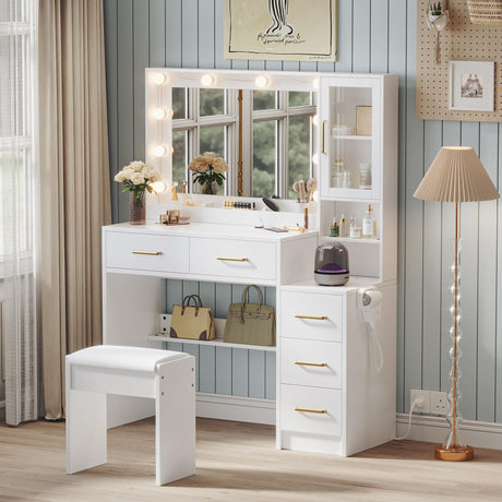 Makeup Vanity with Lights & Charging Station, White Vanity Table with 5 Drawers & Open Storage Shelves, Vanity Desk with Mirror & Lights, Dressing Table Set for Women Girls, Bedroom Makeup Table Set TOKSOM