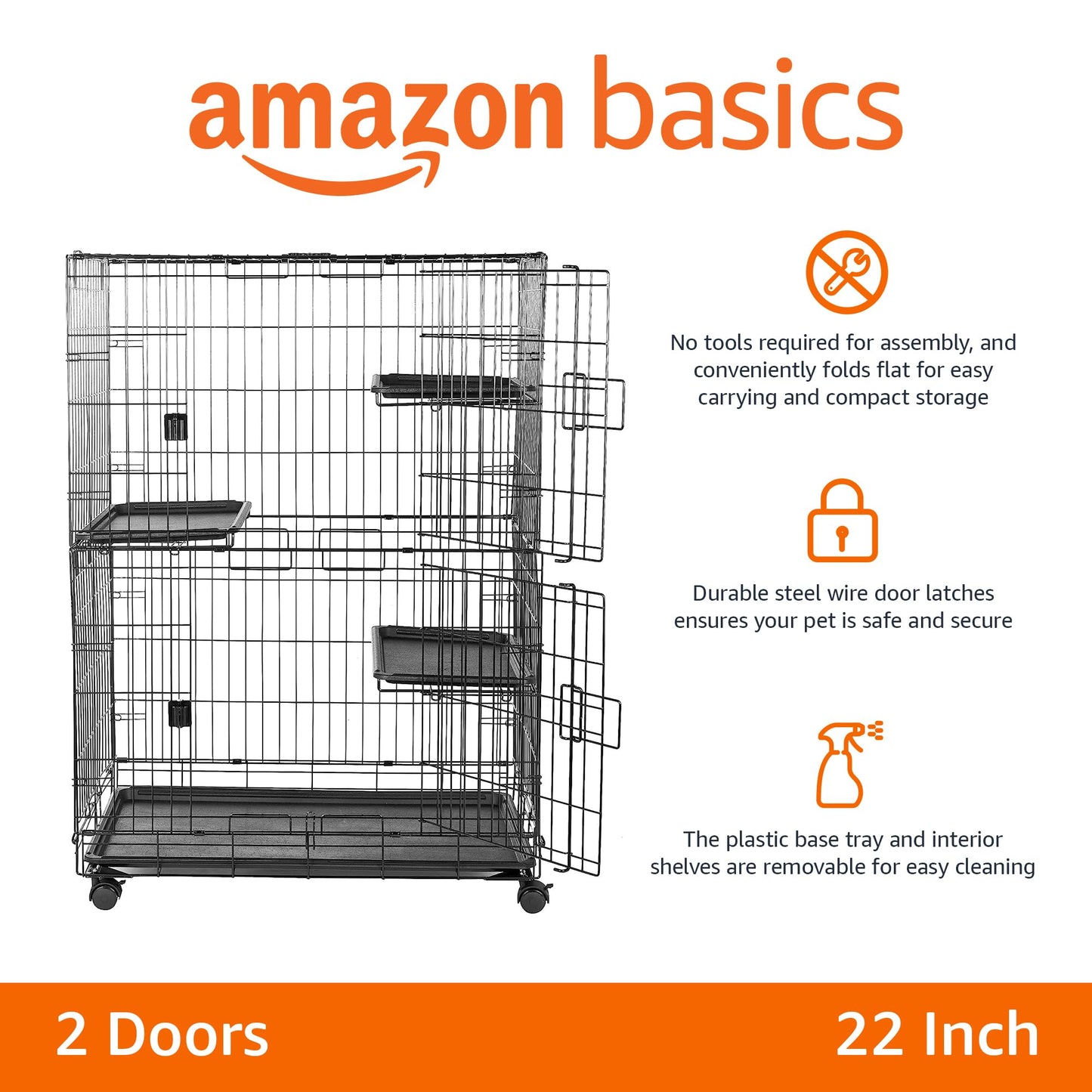 Amazon Basics Large 3-Tier Cat Durable,Pliable Cage Playpen Box Crate Kennel - 35.8"L x 22.4"W x 50.6"H, Black