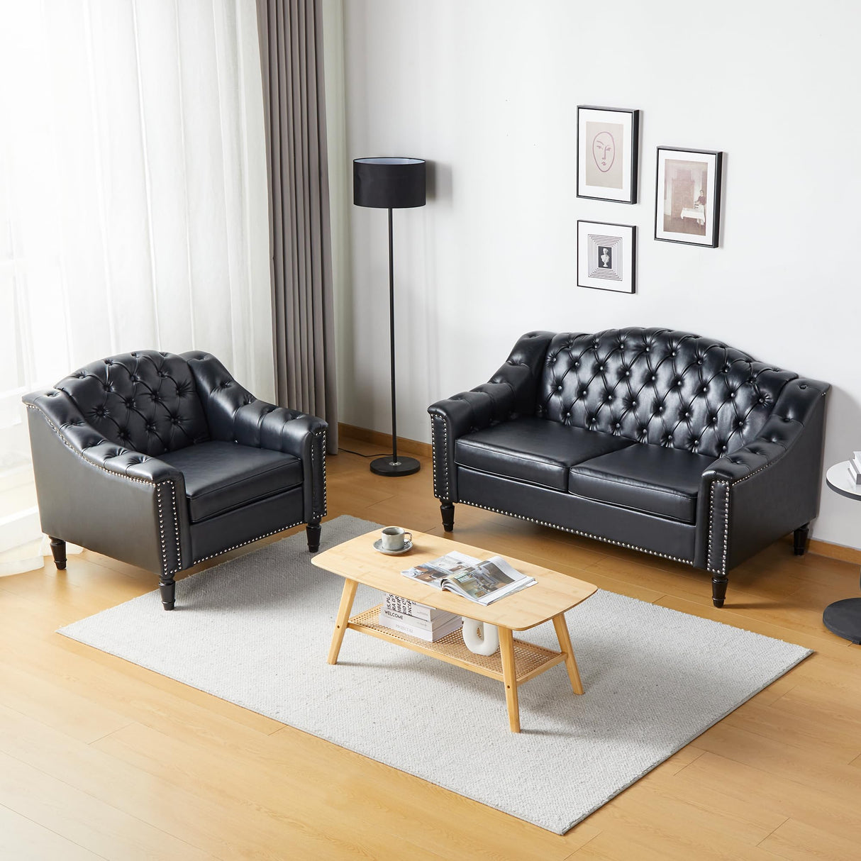 LEVNARY Chesterfield Loveseat Leather, Upholstered Sofa with Button-Tufted Back, Mid-Century Modern Sofa with Solid Wood Legs, 2 Seater Couches for Living Room (Black) LEVNARY