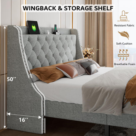 iPormis Deluxe Wingback King Bed Frame with USB Charging Ports & Storage Headboard in Light Grey iPormis