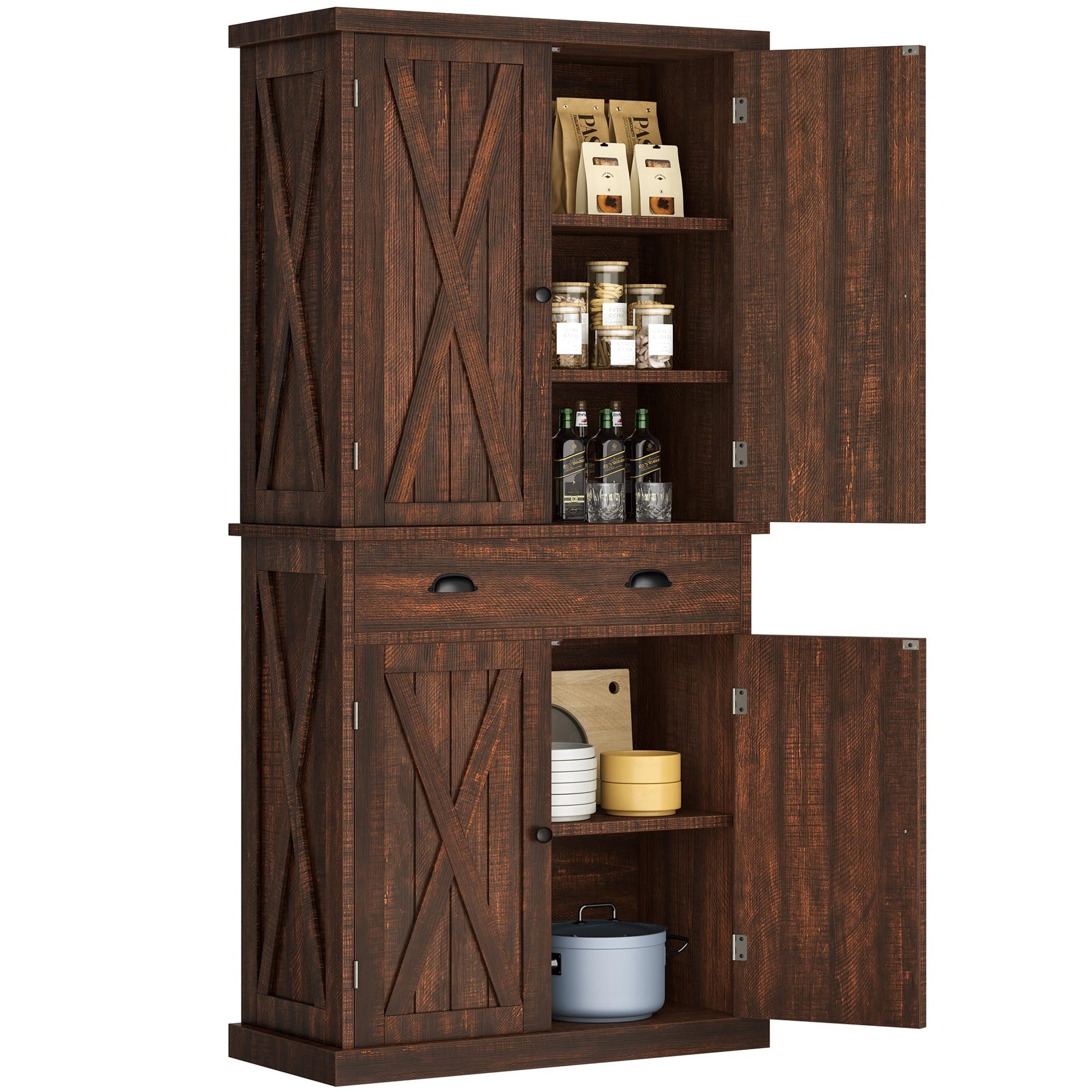 YITAHOME 72'' Tall Kitchen Pantry Cabinets, Farmhouse Storage Cabinets with Barn Doors, Drawer ＆ Adjustable Shelves, Rustic Wood Cupboard for Kitchen for Kitchen, Dining Room, Living Room, Br - WoodArtSupply