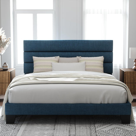 Allewie King Size Platform Bed Frame with Fabric Upholstered Headboard and Wooden Slats Support, Fully Upholstered Mattress Foundation/No Box Spring Needed/Easy Assembly, Navy Blue Allewie