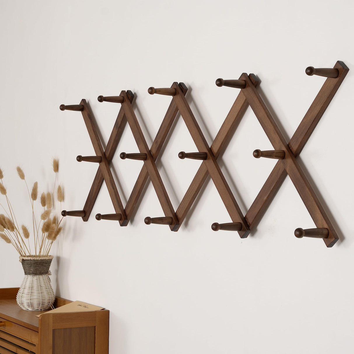 SKOLOO Accordion Wall Hanger, Modern Expandable Coat Rack Wall Mounted, Solid Wooden Wall Hat Rack for Wall, 14 Peg, Walnut SKOLOO