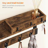 Homode Coat Rack with Shelf, Wall Shelf with Hooks, 26 Inch Long Coat Hanger Wall Mount with Key and Mail Holder, Wood Entryway Shelves for Hanging Hat Jacket Backpack Purse, Rustic Brown Black Homode