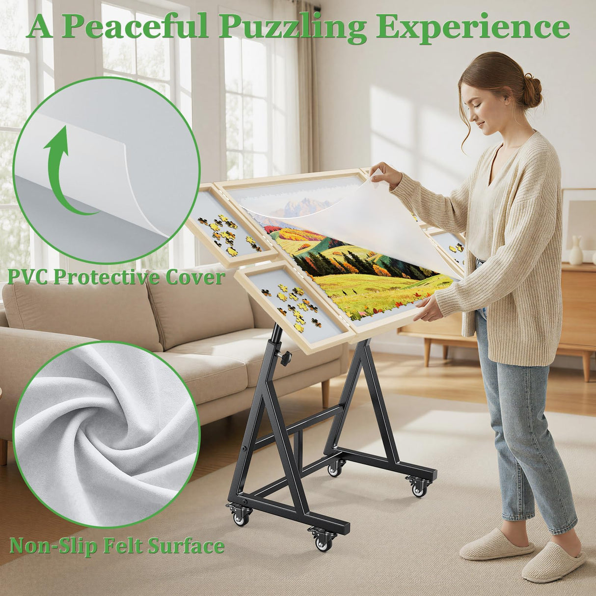 POKIPO 1500 Piece Jigsaw Puzzle Table with Legs, 36.61"x28.74" Adjustable Puzzle Table, 4 Hanging Trays, Puzzle Board with Wheels and PVC Cover for Adults and Families POKIPO