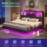 DICTAC King Floating Bed Frame with LED Lights and Headboard Storage, Visual Floating Bed with Charing Station, King Size Metal Platform Bed with Stable Structure, No Box Spring Need, Easy Assembly DICTAC