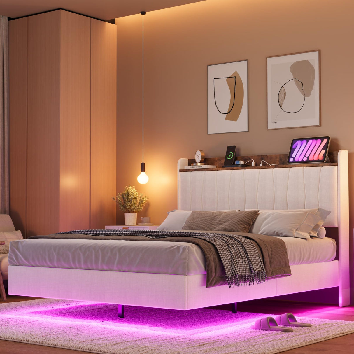 IDEALHOUSE Queen Floating Bed Frame with LED Lights & Charging Station, Upholstered Platform Bed with Storage Headboard, Wood Slats Support, No Box Spring Needed, Easy to Assemble, White IDEALHOUSE