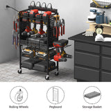 CCCEI Power Tool Organizer Cart with Charging Station, Garage Floor Rolling Storage Cart on Wheels for Mechanic, Mobile 6 Drill, Tool Box Utility Cart with Battery Charging Power Strip, Black CCCEI