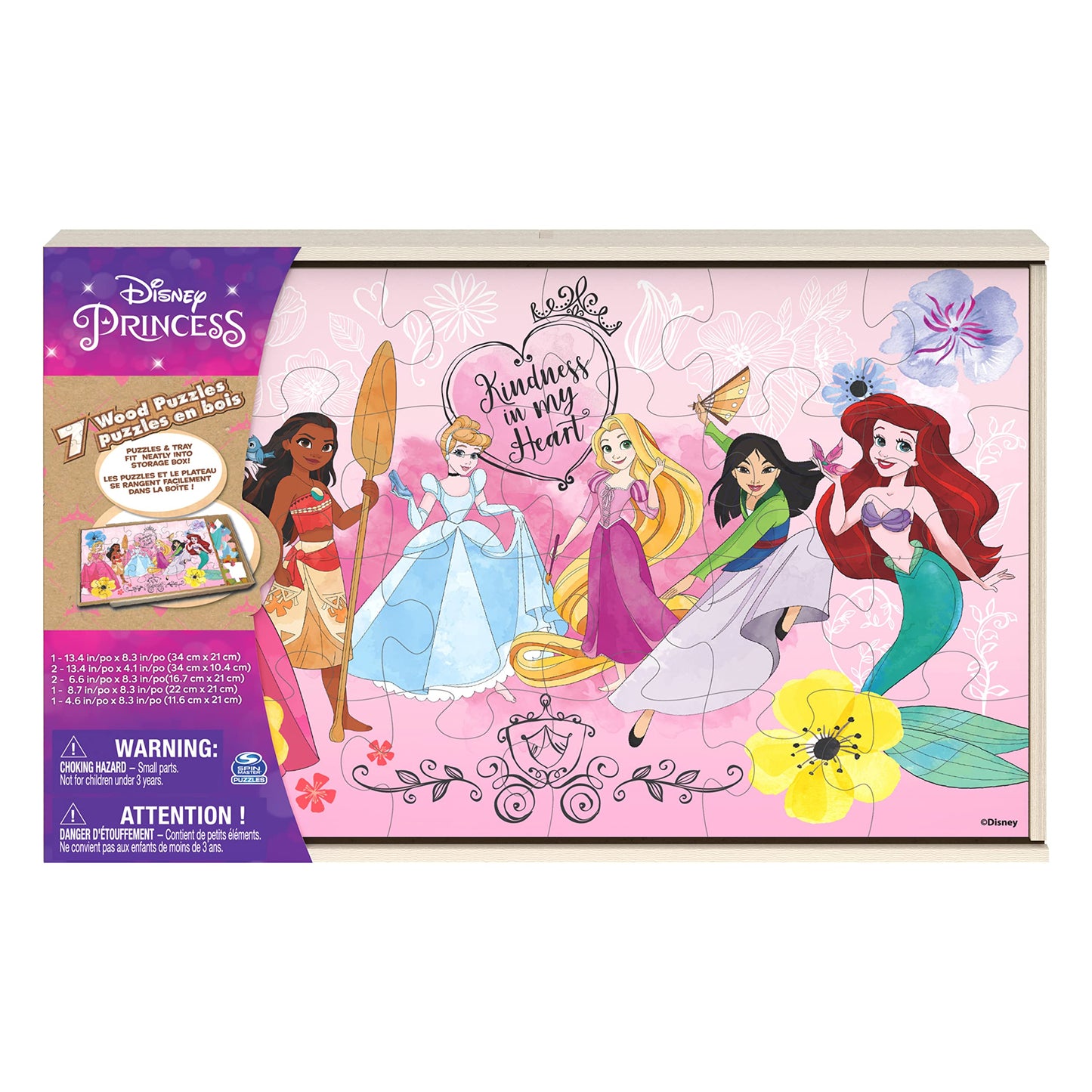 Disney Princess, 7 Wood Puzzles Jigsaw Bundle 12-Piece 16-Piece 24-Piece Ariel Tiana Rapunzel Pocahontas with Storage Tray, for Kids Ages 4 and up