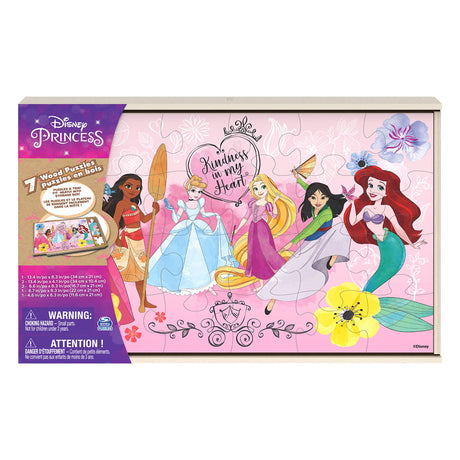 Disney Princess, 7 Wood Puzzles Jigsaw Bundle 12-Piece 16-Piece 24-Piece Ariel Tiana Rapunzel Pocahontas with Storage Tray, for Kids Ages 4 and up Spin Master Games