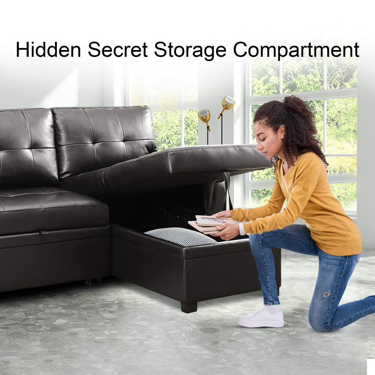 Naomi Home Transform Any Space: Sleeper Sectional Sofa with Convertible Sofa Bed & Inviting Chaise. Find Tranquil Comfort with Stress-Relieving Design & Durable Cushions - Black/Air Leather Naomi Home