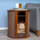THE REFINED FELINE Purrrrfect End Table Cat Bed Cave in Mahogany Brown, Multipurpose Wood Cat Furniture Nightstand, Easy to Clean Covered Cat Bed with Replaceable Scratching Post & Washable Cushion THE REFINED FELINE