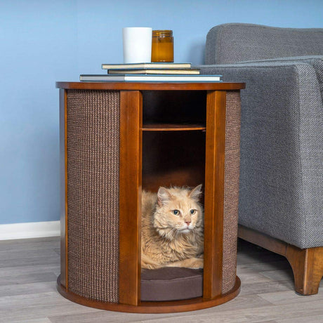 THE REFINED FELINE Purrrrfect End Table Cat Bed Cave in Mahogany Brown, Multipurpose Wood Cat Furniture Nightstand, Easy to Clean Covered Cat Bed with Replaceable Scratching Post & Washable Cushion THE REFINED FELINE