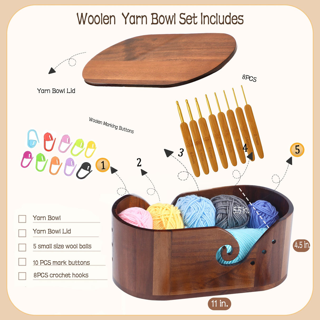 Blinrfilal Large Oval Wooden Yarn Bowls For Knitting , Acacia Yarn Holder ,Double Curling Slot Crochet Yarn Bowl With Lid,Preventing tangles,Ideal Gifts Set For Knitters Blinrfilal
