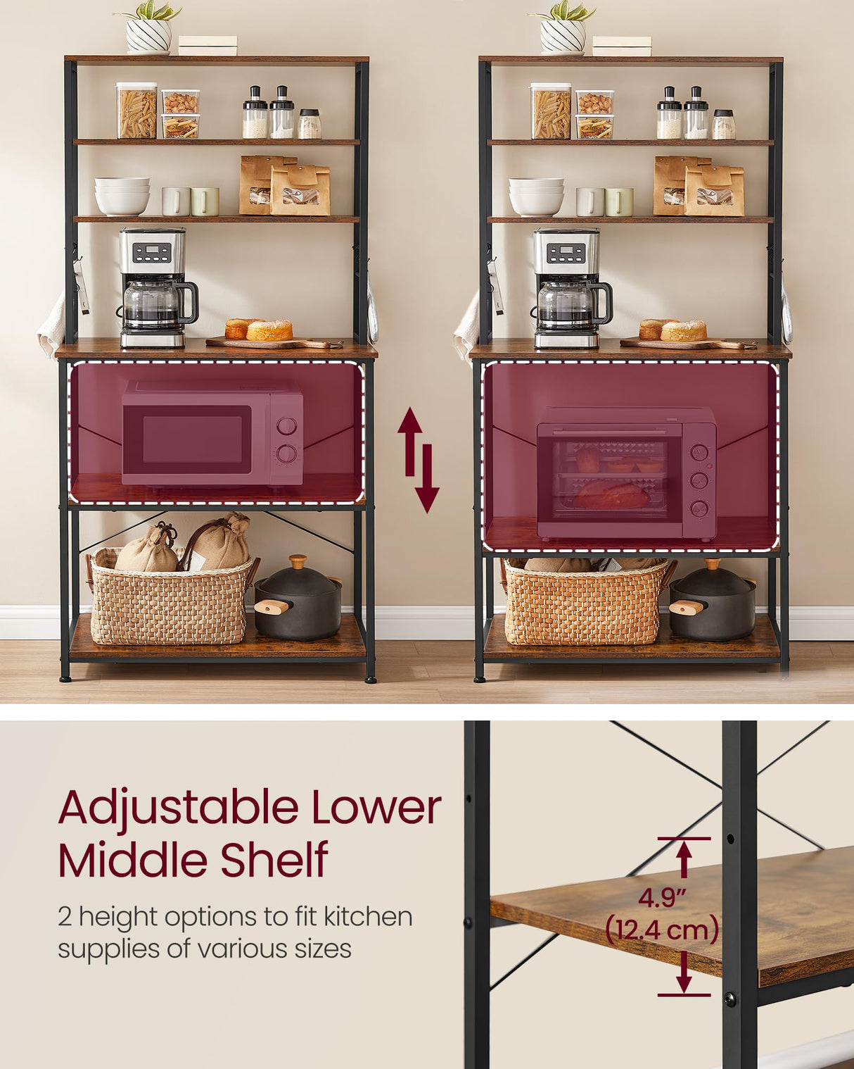 VASAGLE Bakers Rack with Power Outlet, 31.5 Inches Coffee Bar for Kitchen with Storage, 6-Tier Kitchen Shelves with 6 Hooks, Microwave Stand, Rustic Brown and Black UKKS119K01 VASAGLE