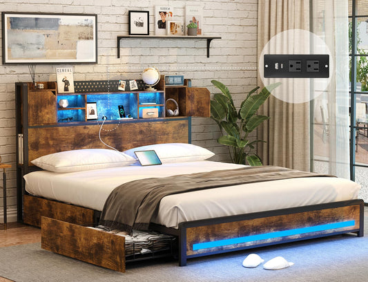 Dnxao Vintage Brown Queen Bed Frame with Storage Drawers and LED Headboard - WoodArtSupply