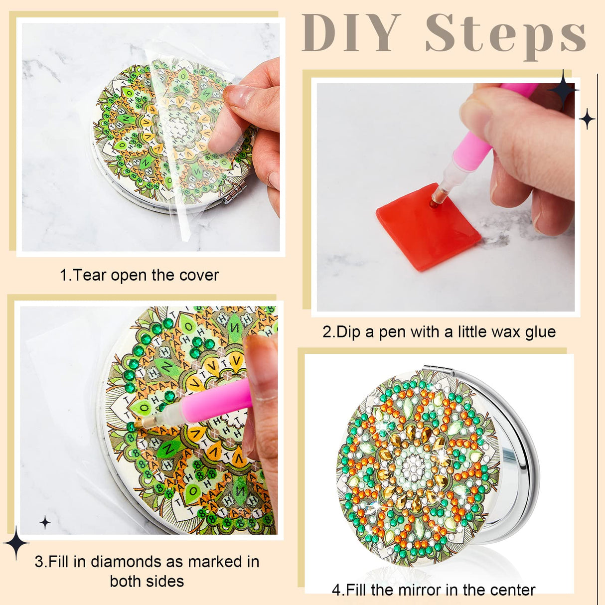 Marsui 4 Pcs Diamond Painting Compact Mirror DIY Painting Pocket Portable Folding Purse Mirror for Women Diamond Art Mom Gifts for Mother's Day Nurse Week Party Favors(Mandala) Marsui