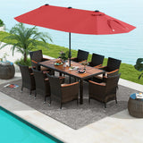 Tangkula 10 Piece Patio Rattan Dining Set with 15Ft Double-Sided Umbrella, Outdoor Heavy Duty Acacia Wood Table and Stackable Wicker Chairs Set, Umbrella with Weighted Base Tangkula