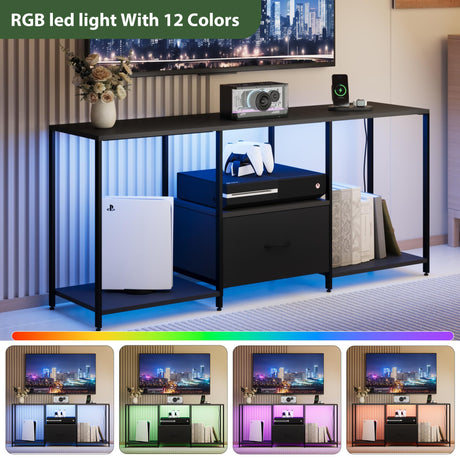 Amenitlif LED TV Stand with Open Shelves and Fabric Drawer, Entertainment Center with LED Lights, Media Console for 55" TV, Television Stands for Living Room, Bedroom Amenitlif