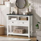 RALGEND Farmhouse Console Table with Charging Station and LED Strip, Entryway Table with 2 Drawers, Sofa Table with Storage, for Entryway, Living Room, Hallway, White and Ink Blue RALGEND