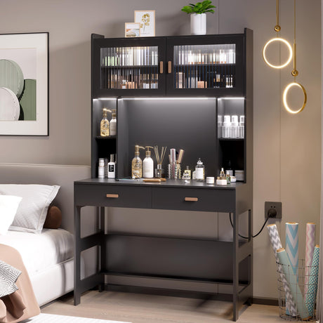 Vlsrka LED Computer Desk with Hutch, 40 Inch Modern Gaming Desk with Power Outlet, Wooden Home Office Desk with Storage Drawers & Shelves (Black) Vlsrka