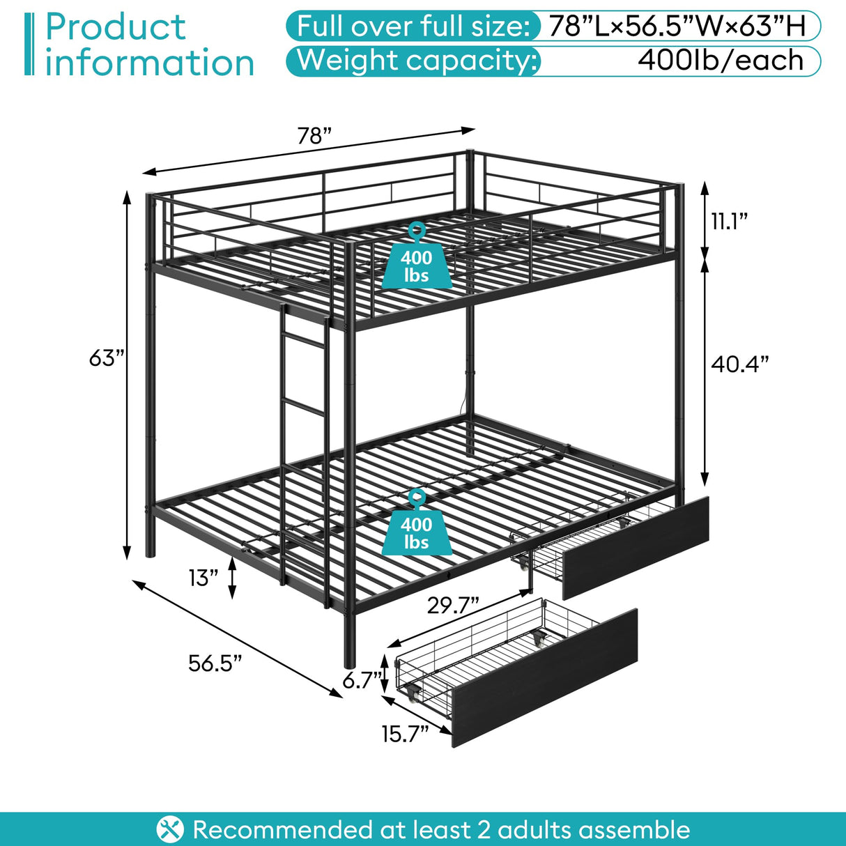 Full Over Full Metal Bunk Bed with LED Lights, USB Charging Station, 2 Drawers, Guard Rails & Ladder – No Box Spring Needed, Easy Assembly, Black stasado