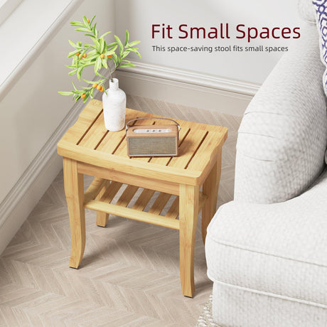 BEKVEM Bamboo Shower Bench, Spa Small Shower Stool for Inside Shower Waterproof, Bathroom Bench Seat with Storage Shelf for Adults Elderly Seniors, Wood Chair for Indoor or Outdoor Use, Natural BEKVEM