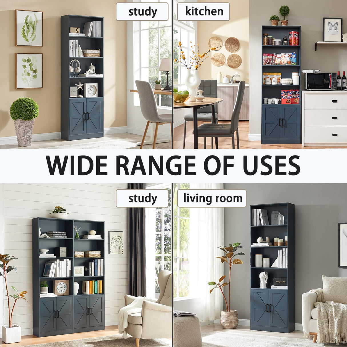 RWYHG 70in Tall Bookshelf 6 Tier Bookcase with Barn Doors and Adjustable Shelf, Blue Farmhouse Book Shelves with Storage Cabinet, Wood Floor Standing Display Bookshelve for Bedroom,Living Room,Kitchen RWYHG