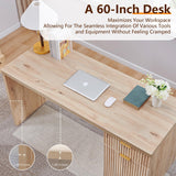 JXQTLINGMU 60" Modern Executive Desk with Storage, Wood Home Office Desk with Drawer & Cabinet, Fluted Computer Writing Desk for Study, Living Room, Bedroom, Antique White JXQTLINGMU