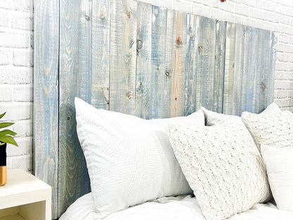 Barn Walls Blue Powderwash Headboard, Farmhouse Design, Wood Headboard, Wash Finish, Floating Panels, Wall Mount, Adjustable Height, Queen Size - WoodArtSupply