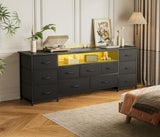 Huuger 63 Inch TV Stand for 65, 70 Inch TV, 11 Drawer Long Dresser with Power Outlets and LED Lights, Entertainment Center with Storage, Black Dresser with PU Leather Surface Huuger