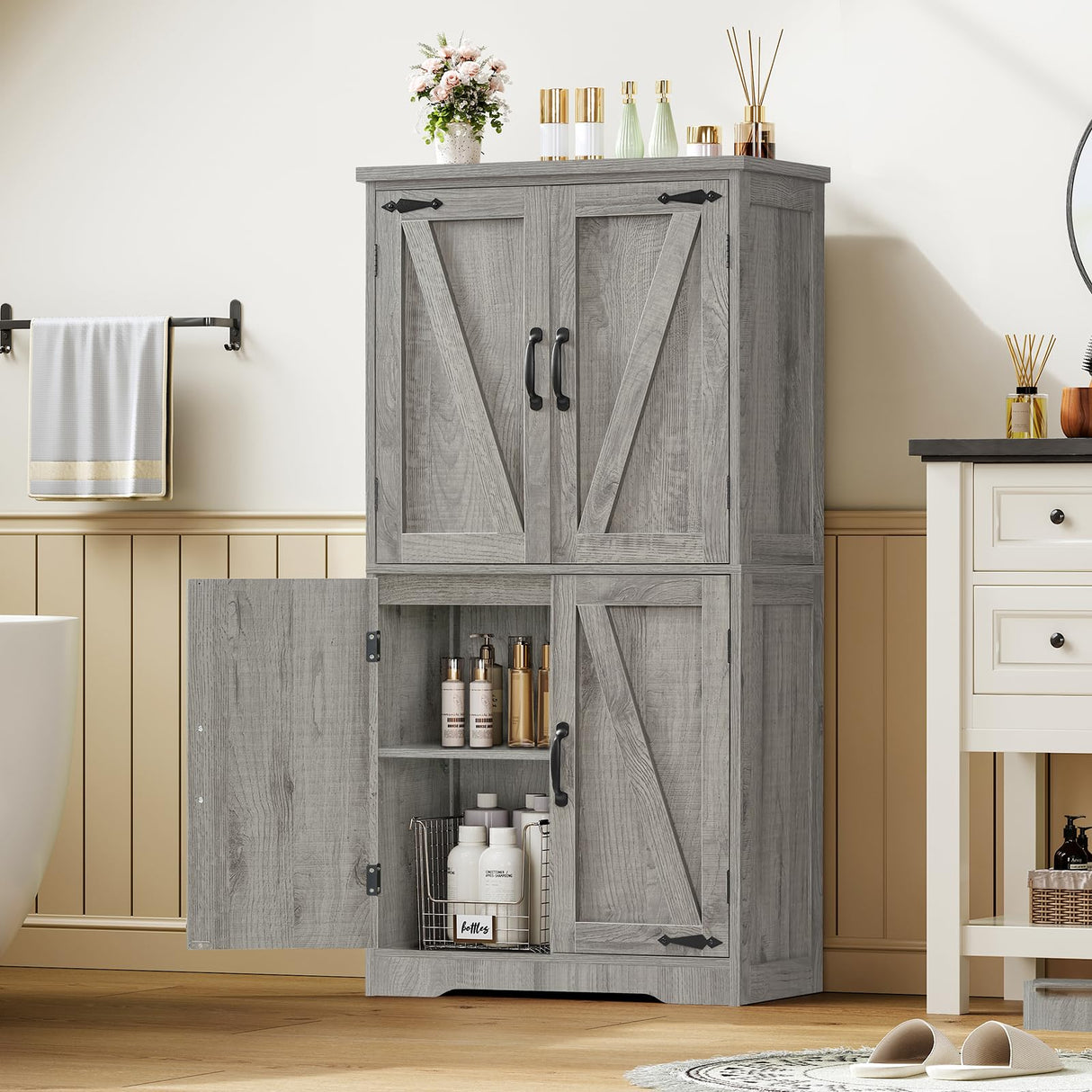 TEENFON Farmhouse Storage Cabinet with 2 Adjustable Shelves, Bathroom Cabinet with 4 Doors, Cupboard for Kitchen, Living Room, Rustic Gray TEENFON