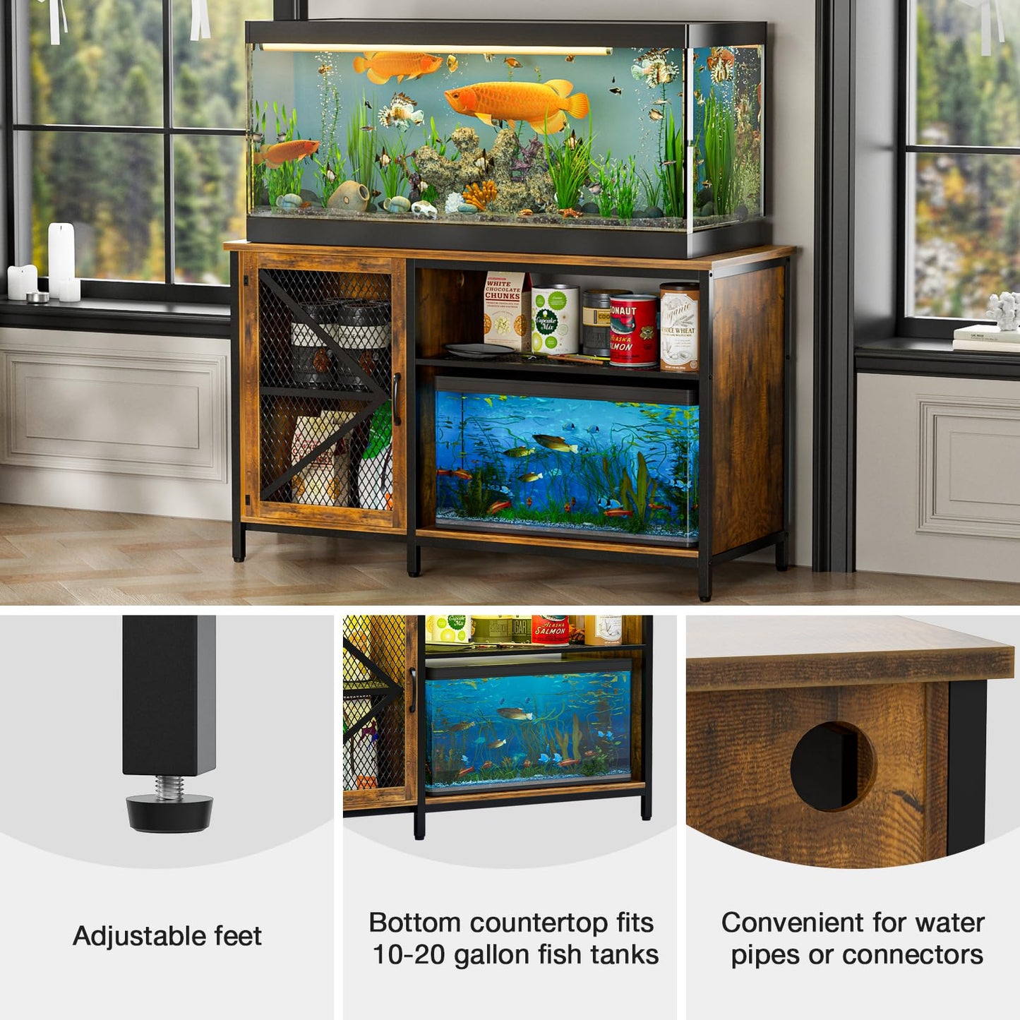 Oarlike 55-75 Gallon Fish Tank Stand with LED Light and Power Outlets, Heavy Duty Metal Aquarium Stand with Cabinet for Fish Tank Accessories Storage, Turtle/Reptile Tank Stand (Rustic Wood)