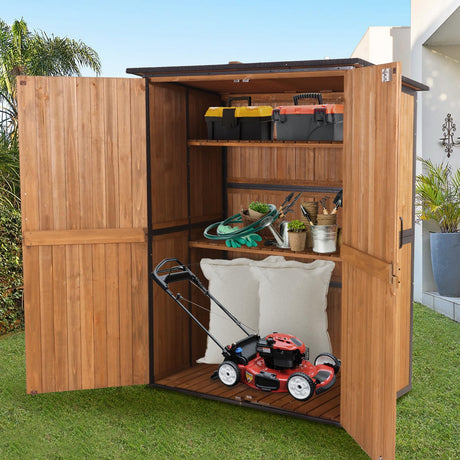 GUTINNEEN 4.6x2.42FT Sheds & Outdoor Storage Shed with All Around Metal Frame,Wooden Tool House with Adjustable Shelfs, Garden Tool Shes for Backyard Garden Patio Lawn, Brown GUTINNEEN