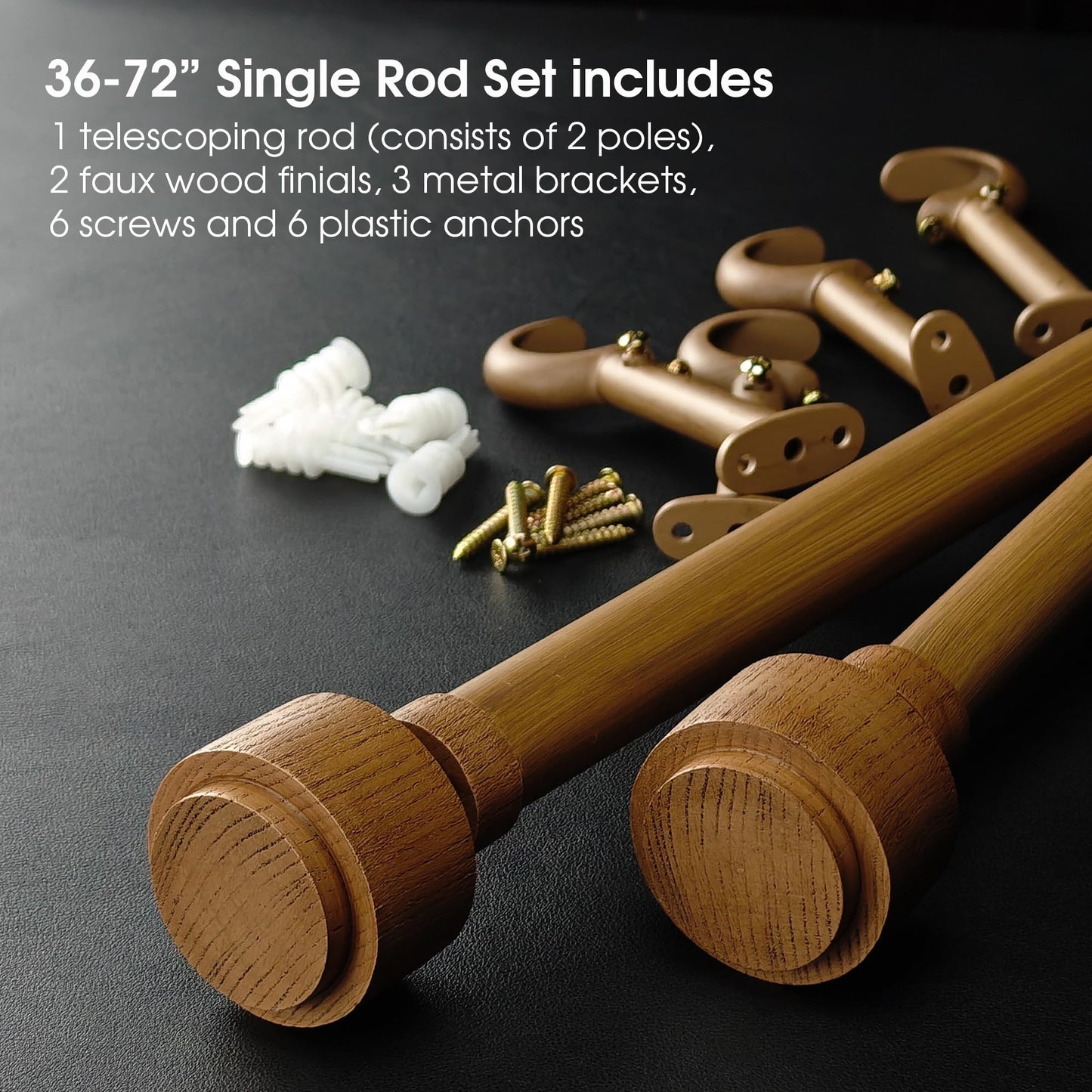 ILAISIHOME 1-1/8 Inch Diameter Faux Wood Curtain Rod with Wood Grain Finials, 36-72 inch Telescoping Single Curtain Rods for window width 24-68 inch, 1 pack