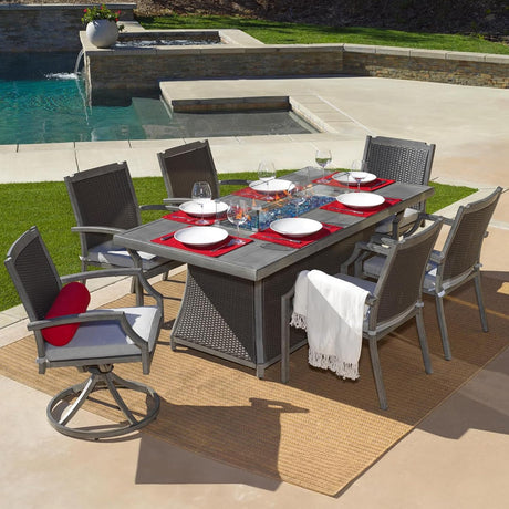 New Upgrade 7-Piece Rattan Patio Furniture Set, 76" Propane Fire Pit Table 50,000 BTU, 4 Dining & 2 Swivel Chairs Included, Cushion, CSA Certified, for Garden Backyard Outdoor Dining and Conversations Lokingrise