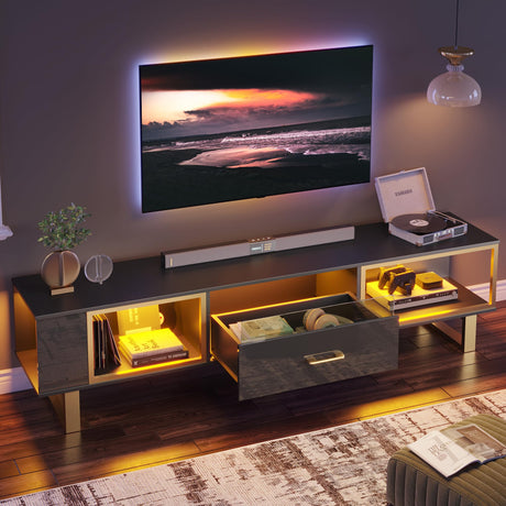 Bestier 70 Inch TV Stand with LED Lights for 75 Inch TV, Entertainment Center with Open Storage and Half-Glass Design Drawer, Modern High Gloss TV Console Table for Living Room, Black and Gold Bestier
