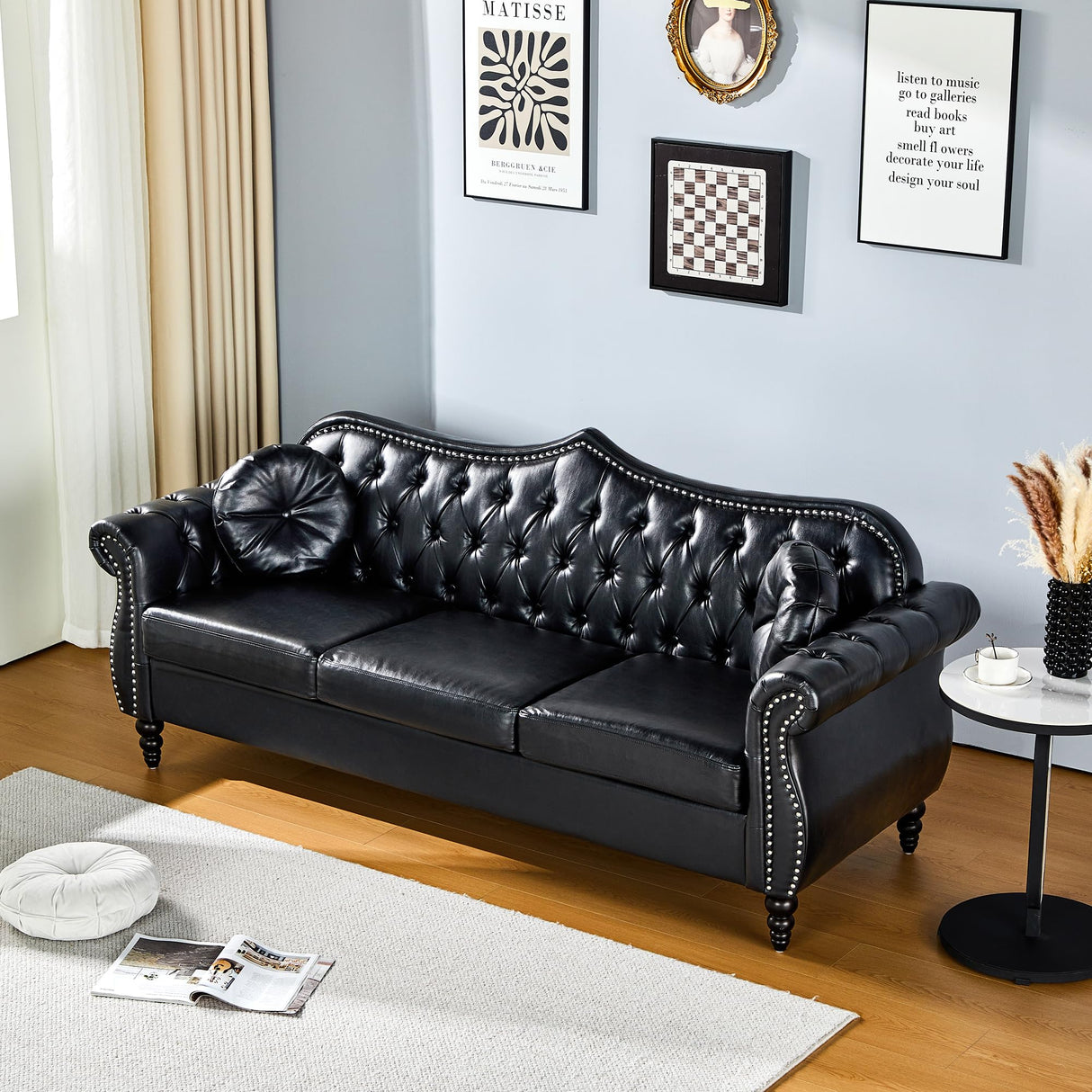 AVZEAR 82" Three Seater Leather Sofa, Chesterfield Sofa, Mid-Century Modern PU Upholstered Sofa Couch, Deep Button Tufted Living Room Sofa with Two Throw Pillows, Black AVZEAR