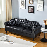 AVZEAR 82" Three Seater Leather Sofa, Chesterfield Sofa, Mid-Century Modern PU Upholstered Sofa Couch, Deep Button Tufted Living Room Sofa with Two Throw Pillows, Black AVZEAR