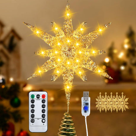 Christmas Tree Star Topper, 3D Tree Toppers Christmas Decorations with LED Lights 8 Lighting Modes Dimmable Timer USB Powered for Xmas Home Holiday Party Indoor Outdoor Ornaments Decor -15Inch Gold GEDSTMDRK