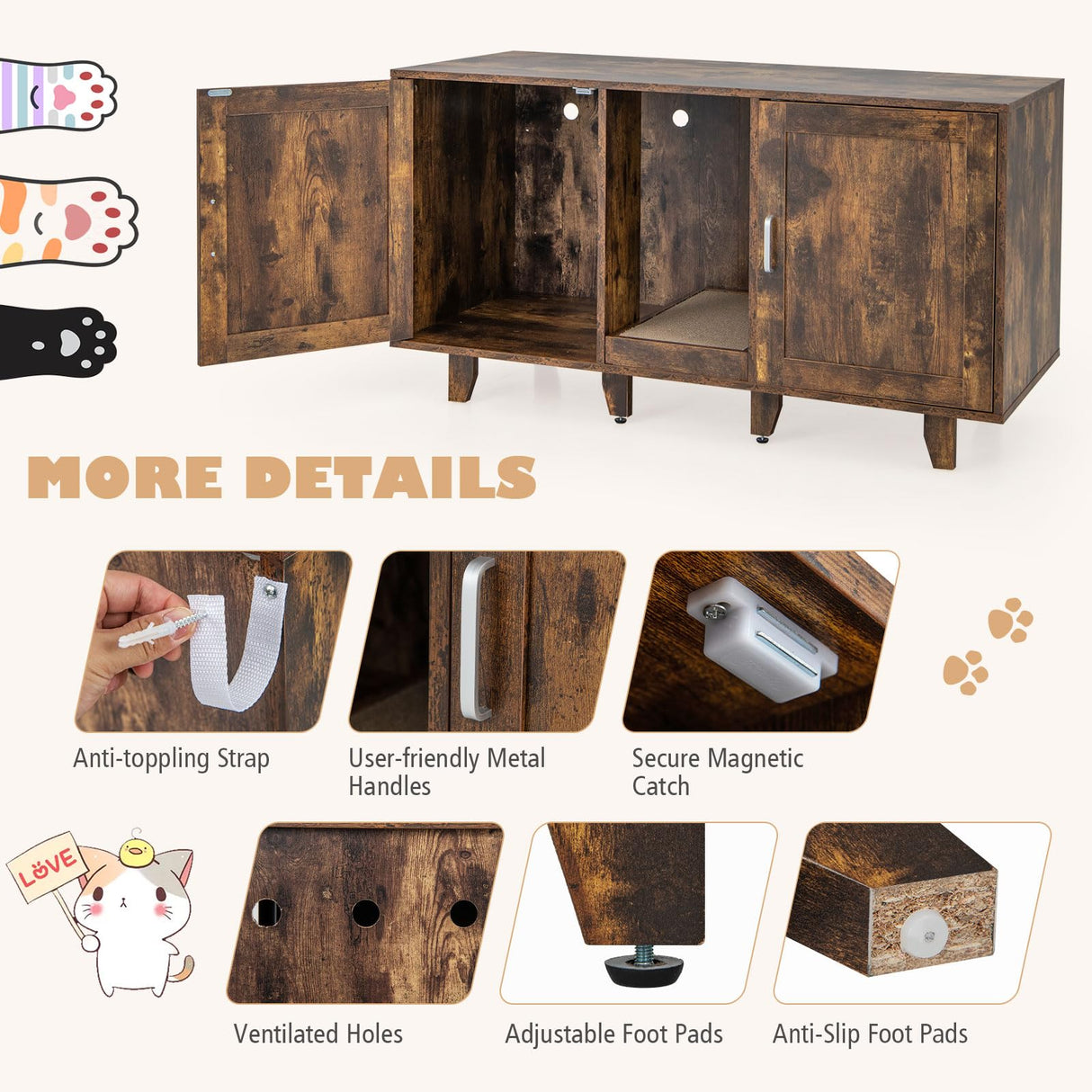 Tangkula Double Cat Litter Box Enclosure for 2 Cats, Large Stackable Hidden Privacy Cat Washroom Cabinet with Scratching Board, Indoor Cat House TV Stand, Litter Box Furniture (Rustic Brown) Tangkula